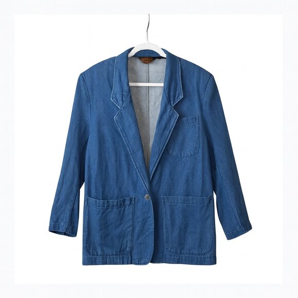 Vintage Eddie Bauer Blue Denim Jacket Slouchy 80s Relaxed Oversized Blazer M - Picture 1 of 12